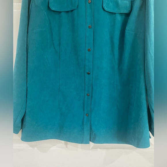 CJ Banks Button Up Faux Suede Shirt Womens 1X Teal Long Sleeve Plus Western - Picture 6 of 14